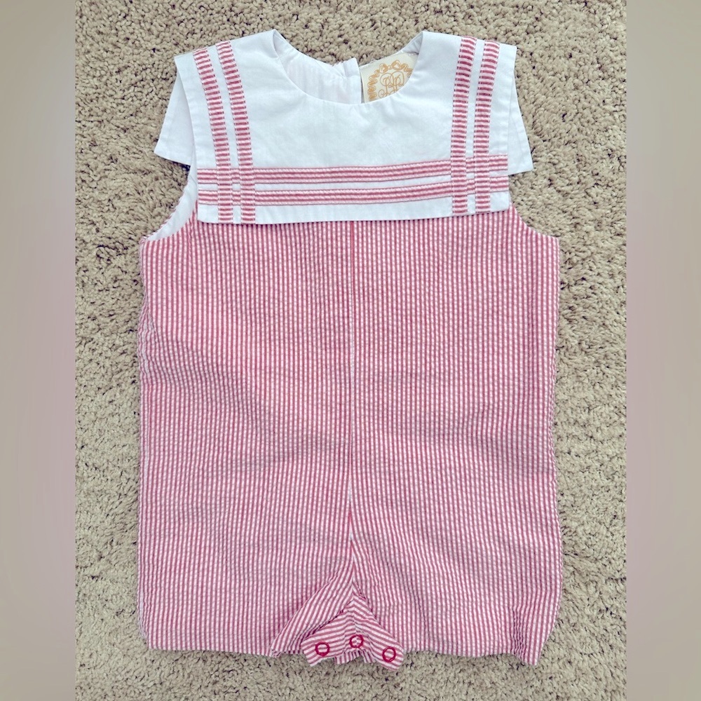 EUC The Beaufort Bonnet Company Townes Seersucker Jon Jon Richmond Red 6-12m